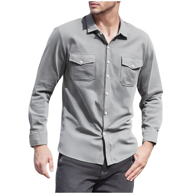 HUJlwoi Linen Shirt for Men Button Down Long Sleeve Shirt Shacket with Pockets Stretch Work Workout Shirt Fall Fashion Clothes