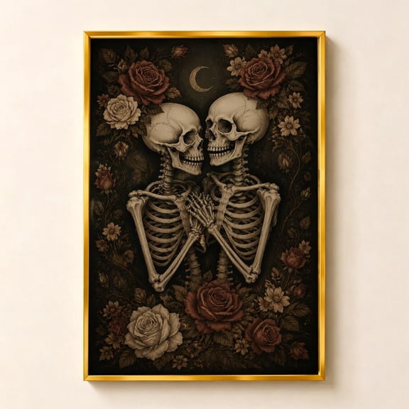 Gothic Skeleton Lovers Wall Art Print, Dark Romantic Halloween Decor