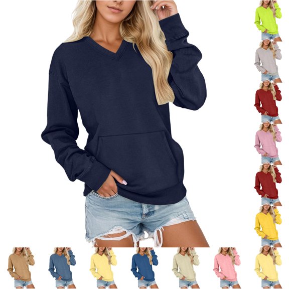 Bigetiay Womens V Neck Sweatshirt Long Sleeve Pocket Loose Fit Women's Winter Clothes L