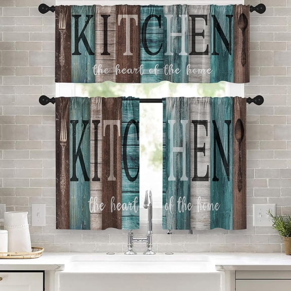 Kitchen Curtains Sets for Windows 52x36 Inch, 3 Pack Farmhouse Teal | Rustic Wooden Turquoise Rod Pocket Cafe Curtain Drapes for Living Room Bedroom Bathroom Kitchen Over Sink Decor