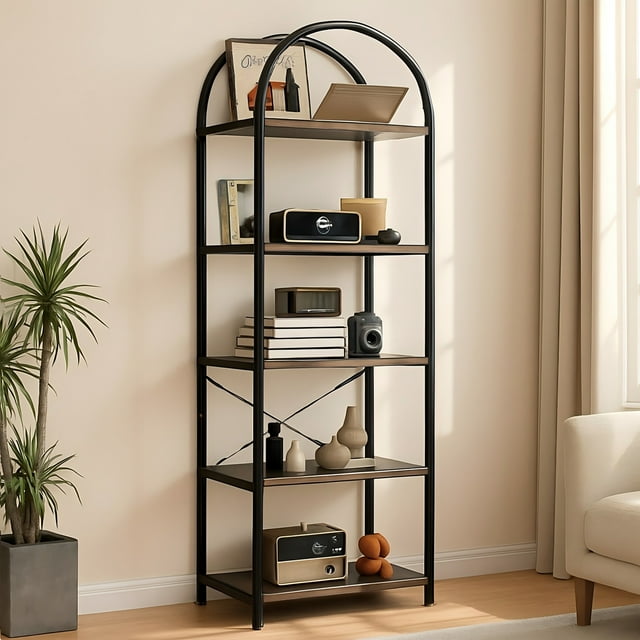 5-Tier Arched Bookshelf, Industrial Style Open Bookcase with Metal Frame, Freestanding Display Shelving Unit for Living Room, Bedroom, Office Storage