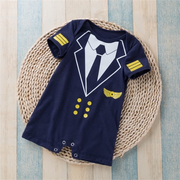 FASHOFT Baby Boy Halloween Outfit Summer Short Sleeve Romper With Hat Two Piece Pilot Uniform Jumpsuit For Baby Cosplay Party Wear Halloween For Boys Blue 12M/73