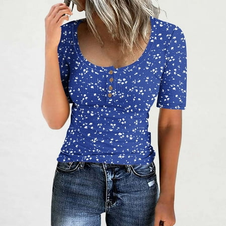 QUNYINEY Floral Tops for Women Trendy Short Sleeve Crew Neck Casual Blue Shirts Button Ribbed Loose Shirts for Women