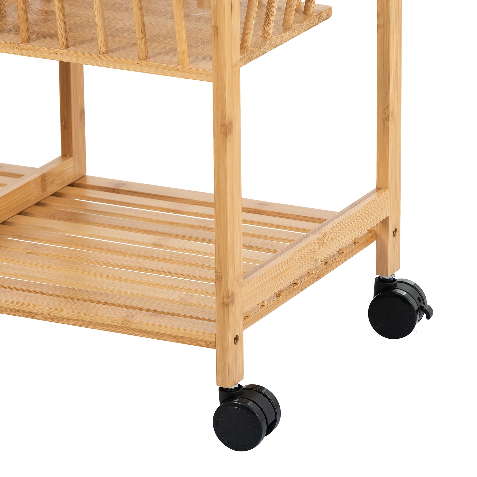 Kadyn Bamboo Serving Bar Wine Cart, Home Serving Cart with Wheels, Kitchen Removable Storage Cart, Natural