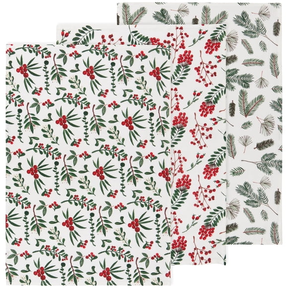 Now Designs Winterberry Baker'S Floursack - Juego De 3 Paños De Cocina Navideños, Paños De Cocina Festivos Para Hornear Durante Las Fiestas