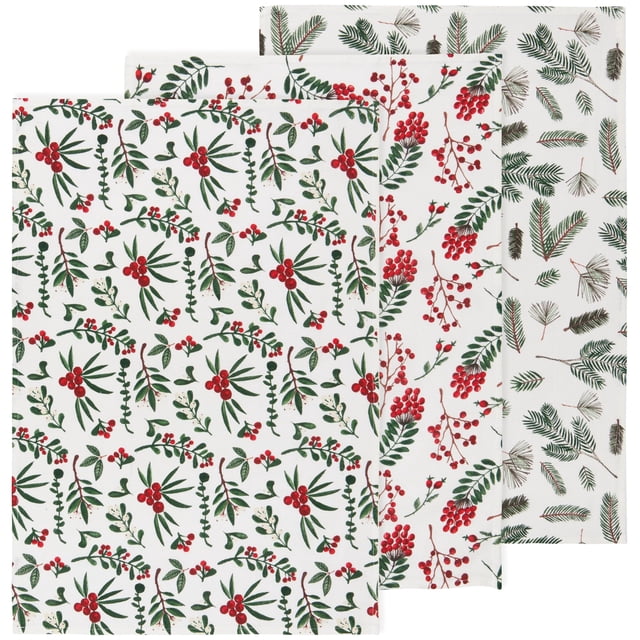 Now Designs Winterberry Baker'S Floursack - Juego De 3 Paños De Cocina Navideños, Paños De Cocina Festivos Para Hornear Durante Las Fiestas