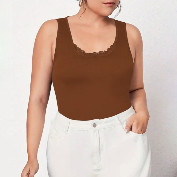 ClodeEU Women's Plus Size Solid Color U Neck Lace Trim Spaghetti Strap Sleeveless Tank Top ,Casual Camisole Coffee,Womens Plus XXXXXL