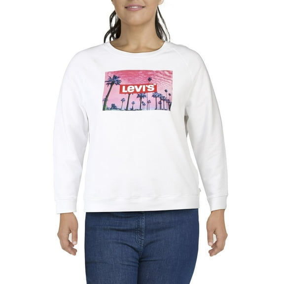 Levi's Womens Plus Logo Ribbed Trim Crew Sweatshirt,White,1X