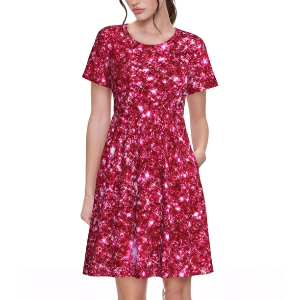 Fotbe Pink Glitter Vestido Largo de Moda para Mujer, Vestido Tipo Camiseta con Manga Corta y Estilo Casual a Rayas y Bloques de Color