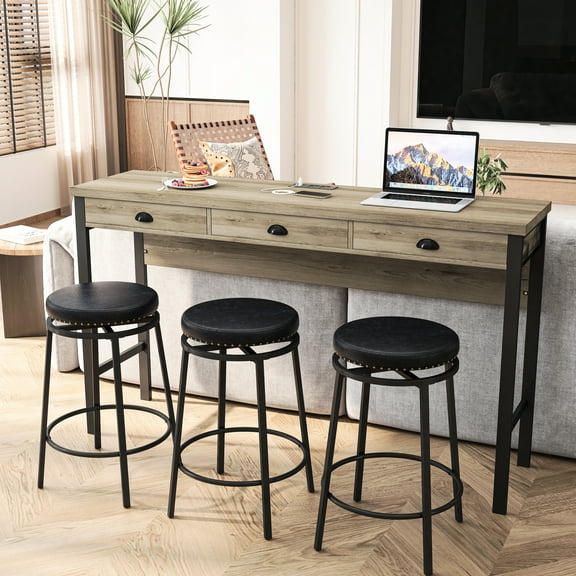 3 Dining Table With Power Supply & Soft Pu Seats - Brown Gray Tabletop   Black Cushions Long Outlets Luxury Stools Table, Chair Framework