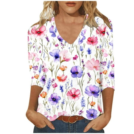 Tnhcen Women s Fall Floral Print V-Neck 3/4 Sleeve Retro Loose Fit Casual Tops - Plus Size Friendly Vintage Shirts S-3XL