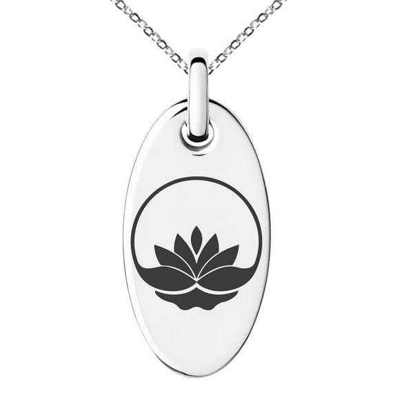 Stainless Steel Lotus Zen Engraved Small Oval Charm Pendant Necklace