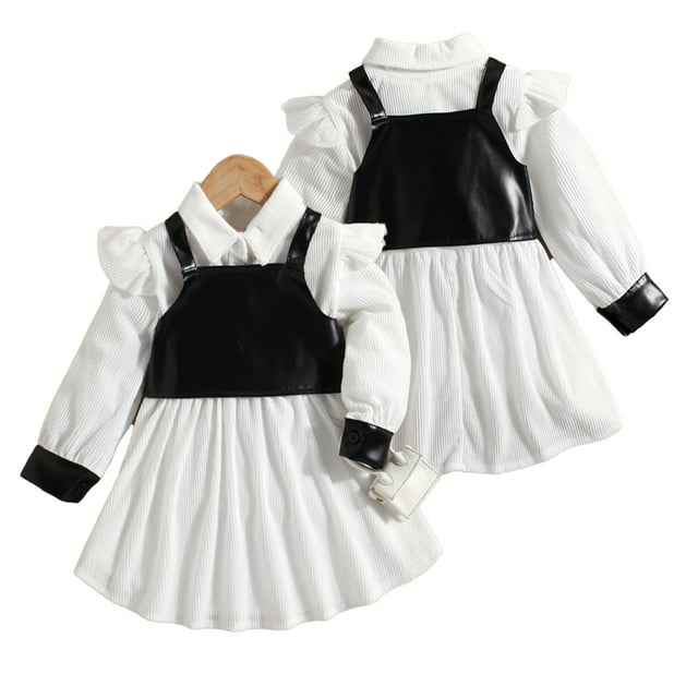 Esaierr Robe à Col Rabattu pour Fillettes + Ensemble Robe Débardeur en Pu pour Enfants Printemps Automne Confort Décontracté 2-7 Ans