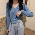 thumbnail image 2 of 2021 SALE Girl Women's Solid Color Knit Cardigan Small Short V-neck Long Sleeve Thin Jacket Crop Top Outerwear,Blue, 2 of 10