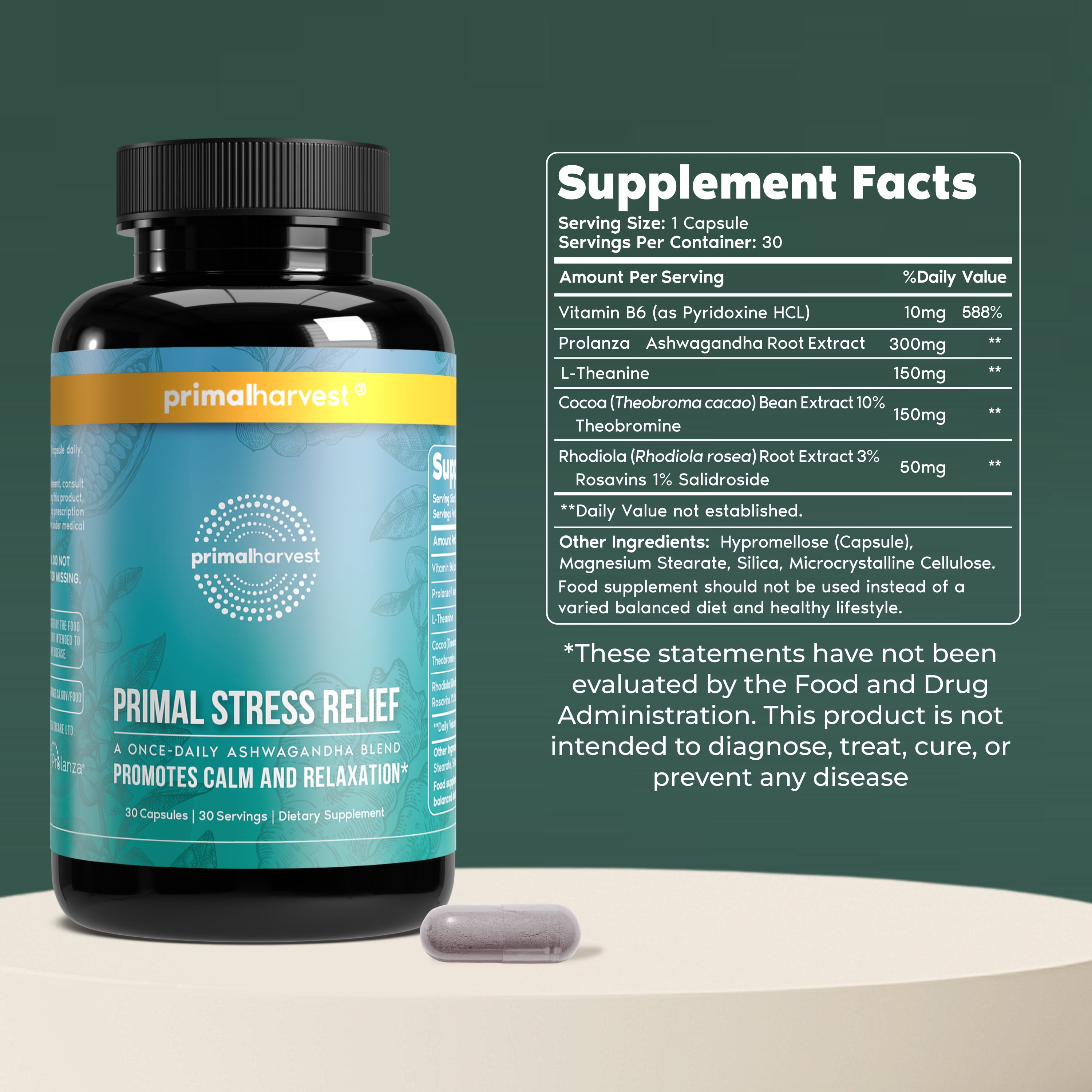 Stress Relief Supplement for Women and Men by Primal Harvest Pure Ashwagandha Root Extract, L-Theanine Supplements, 30 Capsules