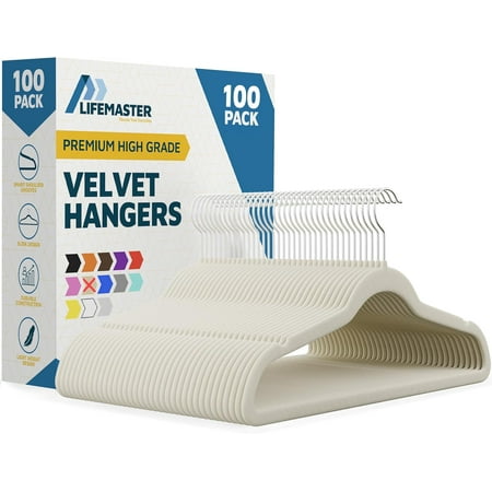 Lifemaster Velvet Clothes Hangers – With 360 Degree Swivel Hook & Non-Slip Shoulder Notch, Holds Up To 10 lbs, Heavy Duty Hanger Set, For Organizing Suit, Dress, Coat, & Clothes, Pack of 100, Ivory