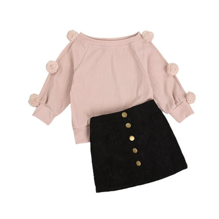 

Binpure Little Girl s Suit Long Sleeve Round Neck Pompom Knitwear Button Skirt