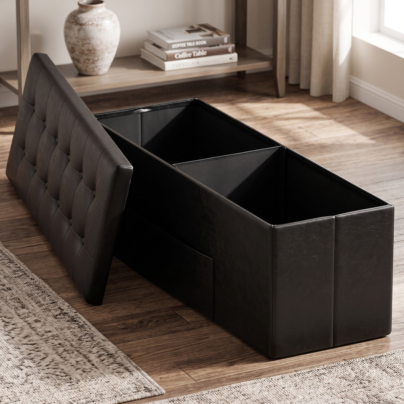 Furnibear 43 Inch Folding PU Leather Storage Ottoman Bench with Divider and Side Pocket for Living Room, Bedroom and Entryway, Black