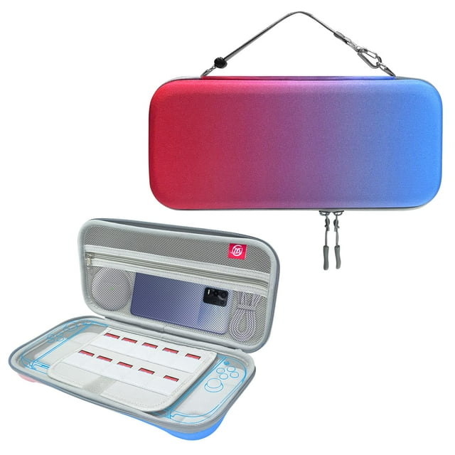 Étui de Transport pour Switch 2, Coque Rigide Résistante à l'Eau avec 10 Fentes pour Cartes de Jeu (Rouge Bleu)