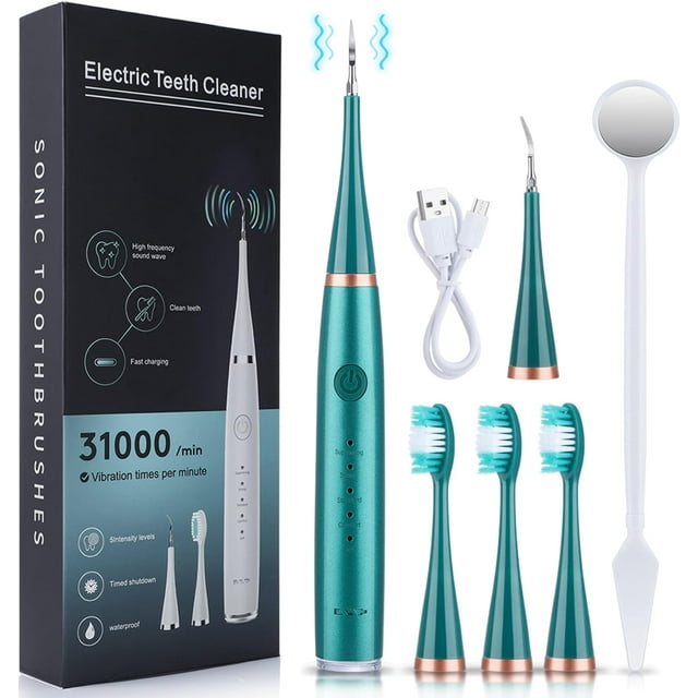 Teeth Cleaner,Tooth Cleaning Kits,2 in 1 Electric Ultrasonic Plaque Remover and Toothbrush for Remove Teeth Stain tartar Plaque Calculus with Led 5 Adjustable Modes and Cleaning Tools