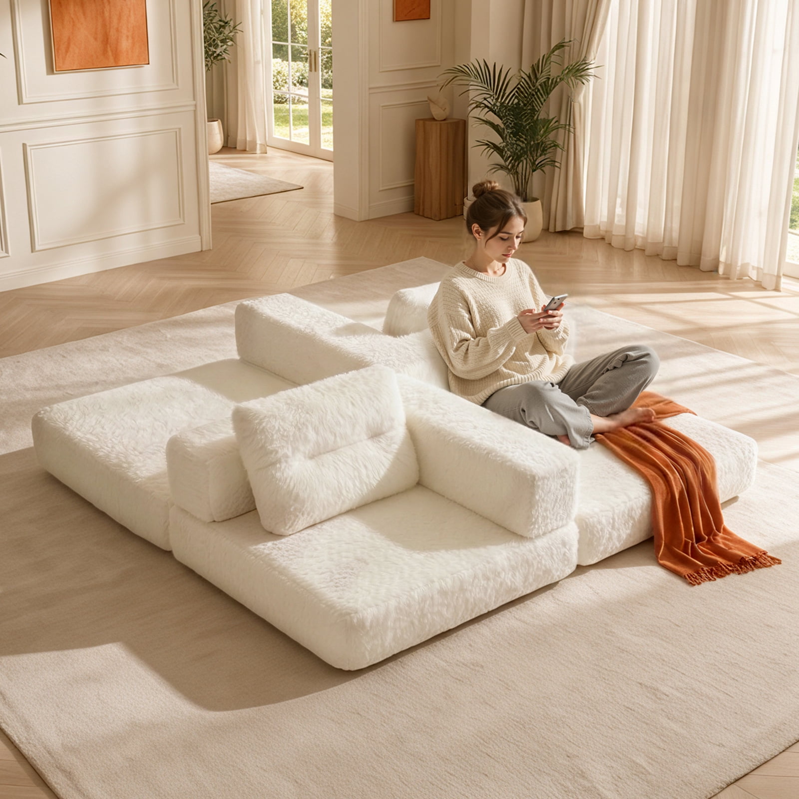 Pinmoco 81.5" Convertible Sofa Bed, Modular Sectional Sleeper Sofa for Living Room, Foldable Couch Bed with Pillows and Storage, No Assembly Required, Faux Fur Fabric White