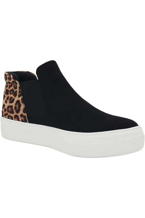 Flat Women Chelsea Shoes Slip On Canvas Casual High Top Hidden Platform Sneakers White Sole Flatform Cushion Foam WOODS-S Cheetah Leopard Black 6