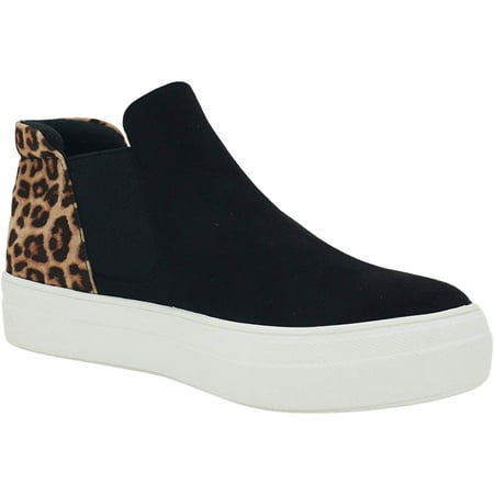 

Soda Flat Women Chelsea Shoes Slip On Canvas Casual High Top Hidden Platform Sneakers White Sole Flatform Cushion Foam WOODS-S Cheetah Leopard Black 7