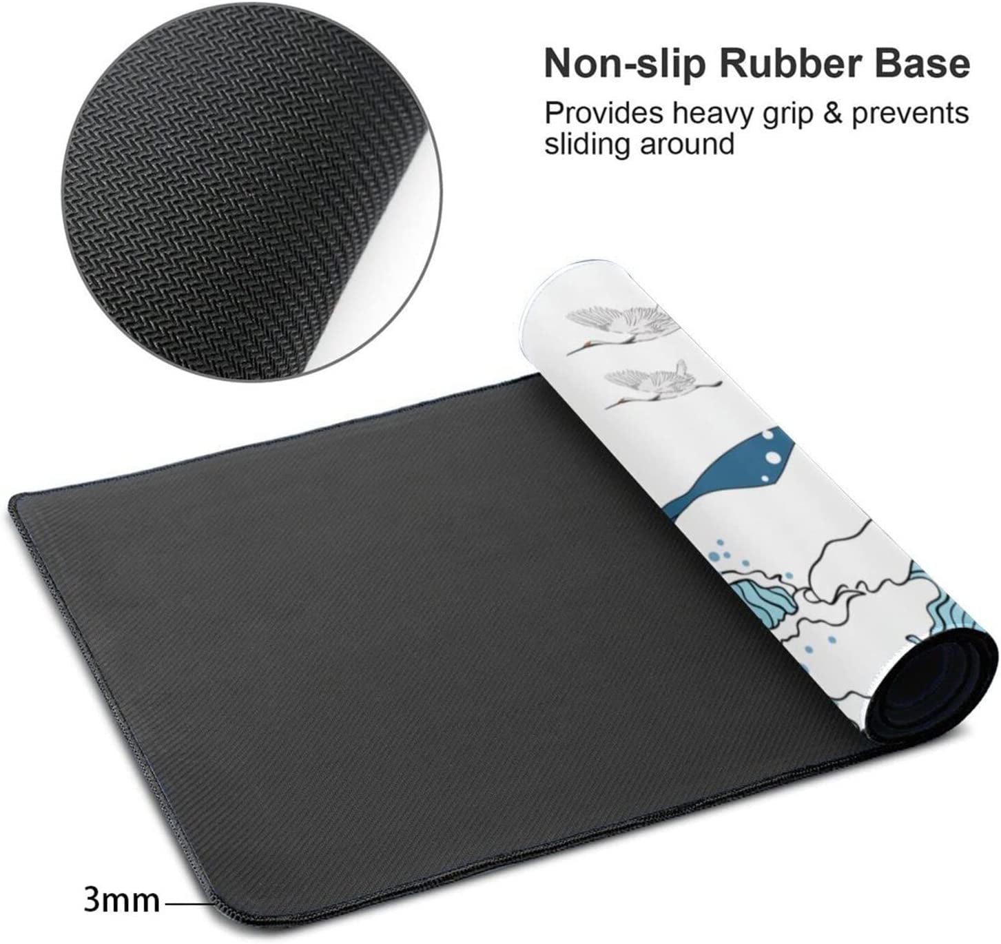 Japanese White and Blue Wave Mouse Pad 35.4 X 15.7 Inch Crane Hill Red Sun Extended Large Cool Mouse Mat Non-Slip Rubber Base Mousepad with Stitched Edges Waterproof Desk Pad for Gaming&Home Office,XL
