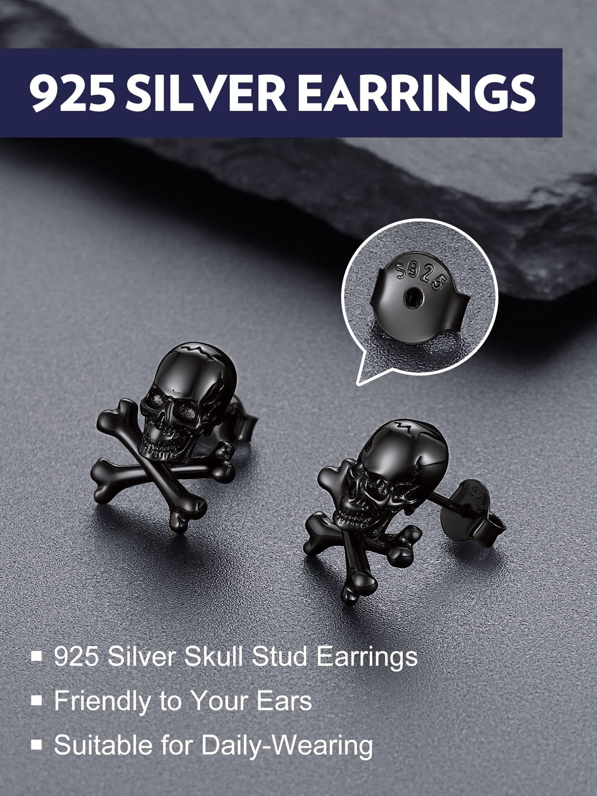Bandmax Black 925 Sterling Silver Skull Crossbone Stud Earrings for Women Men Punk Gothic Biker Skull Skeleton Earrings Jewelry for Halloween Gift