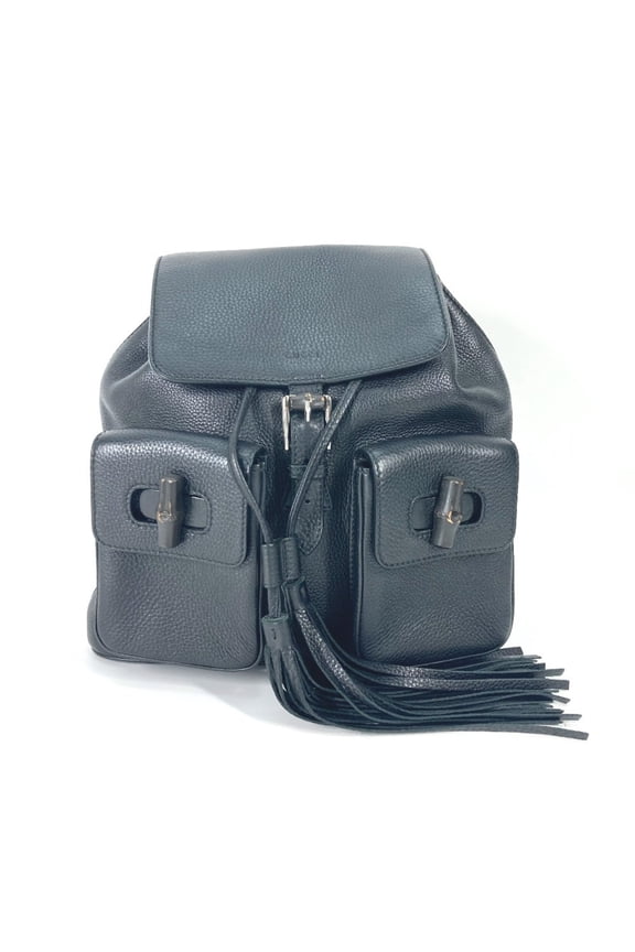 Pre-Owned GUCCI 370833 Bamboo Backpack with Fringe and Tassel, Leather, Women's, Black (Good)