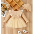 thumbnail image 2 of KIMI BEAR Infant Baby Girls Dress 18-24 Months Ruffle Long Sleeves Dress Bowknot Knitted One-piece Dress Tulle Dress Princess Dress with Hat 2pcs Apricot, 2 of 8