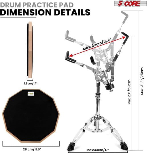Drum Throne Adjustable Guitar Stool Padded Seat + Drum Practice Pad Snare Drumming Stand - DS CH BLK + DPAD COMBO Black