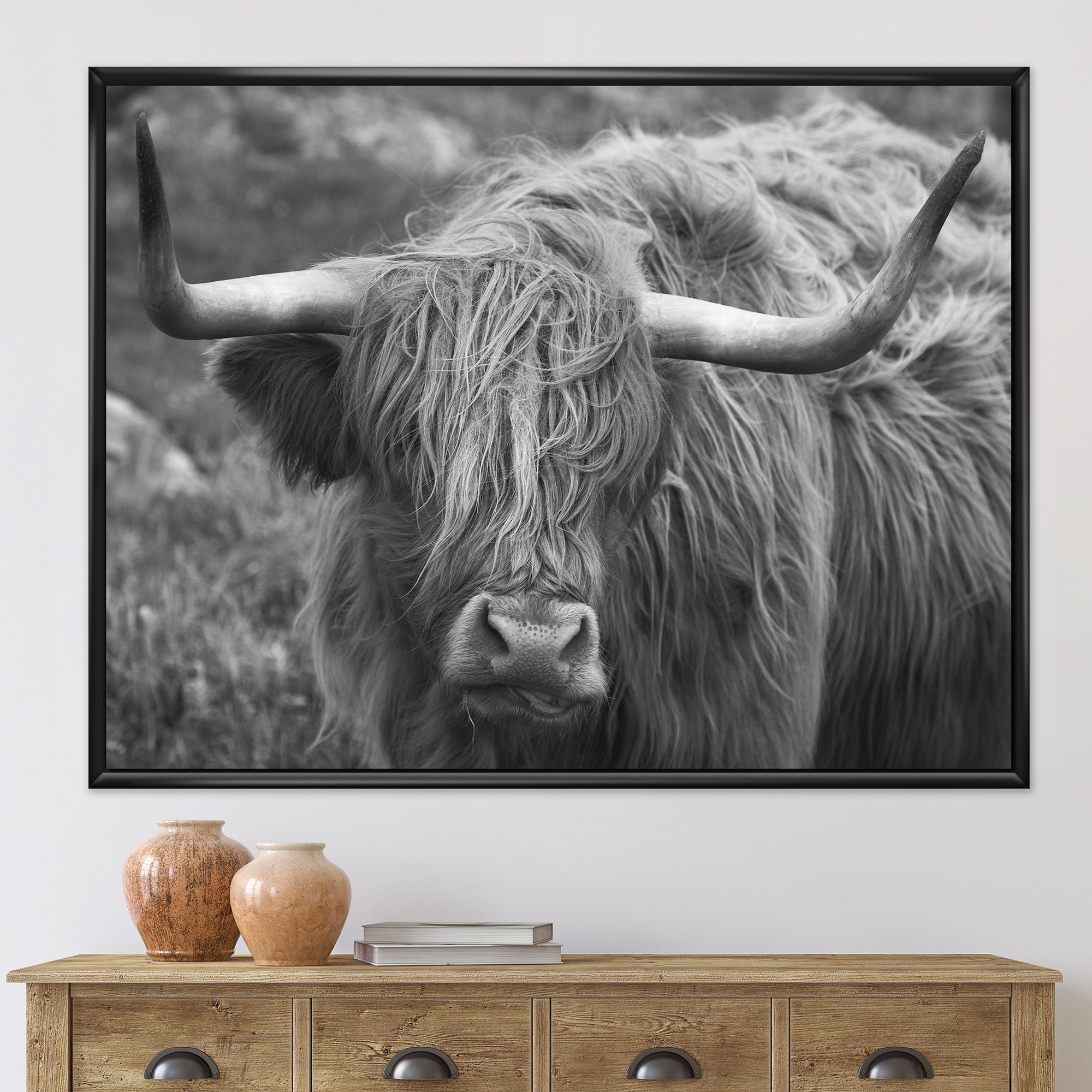 Designart 'Close Up Of Scottish Cow On Moorland I' Farmhouse Framed Canvas Wall Art Print