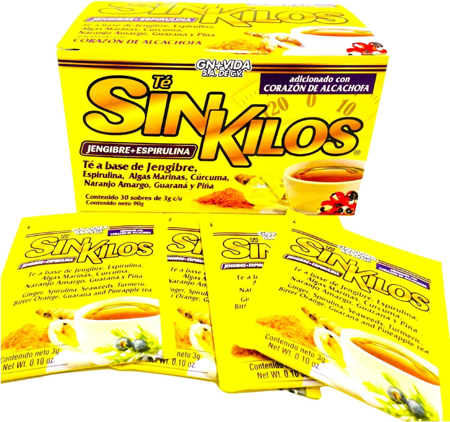 SinKilos Detox Tea GN+Vida Powerful Cleansing Tea with Ginger, Spirulina, Turmeric Orange and Pineapple Healthy Antioxidant Formula, Caffeine Free All Natural Digestive Te Panza y Grasa Herbal