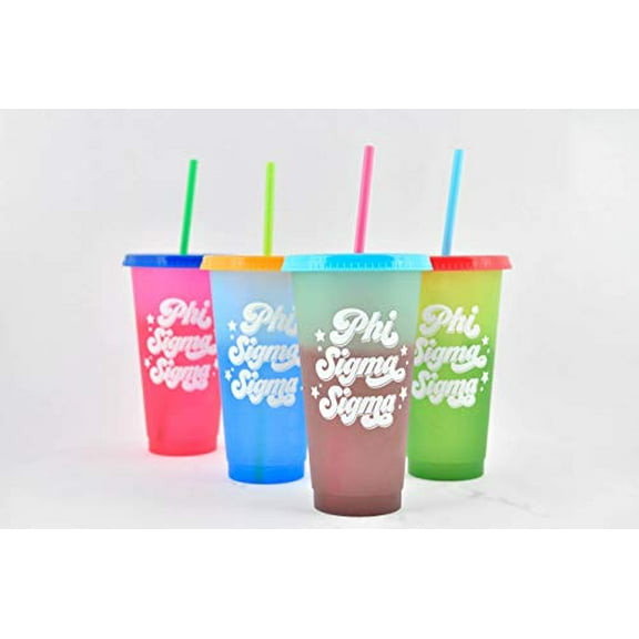 Sorority Shop Phi Sigma Sigma Color Changing Cups - Pack of 4 Reusable Cups with Lids and Straws, Phi Sigma Sigma Cup, Perfect Size 24 Oz Tumbler Cups, Mix and Match Lids With Cool Retro Design