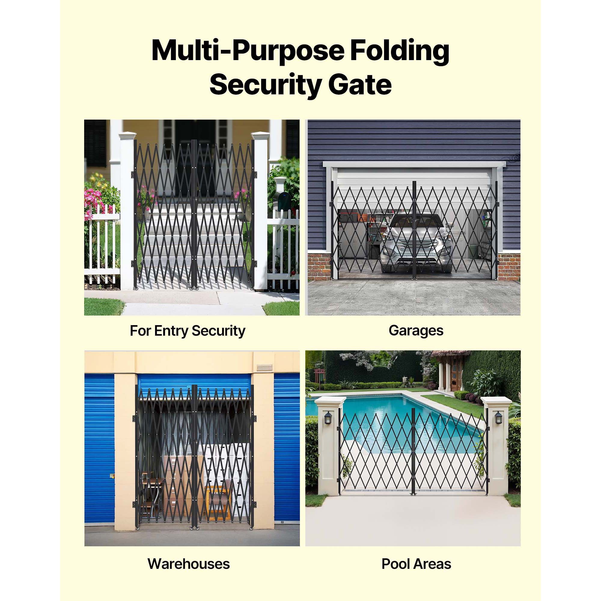 KFFKFF Double Folding Security Gate, Lockable Scissor Gate with Swivel Casters, Steel Retractable Barrier for Entry, Garage, Warehouse, and Pool, 145.67 x 86.81 in (W x H)