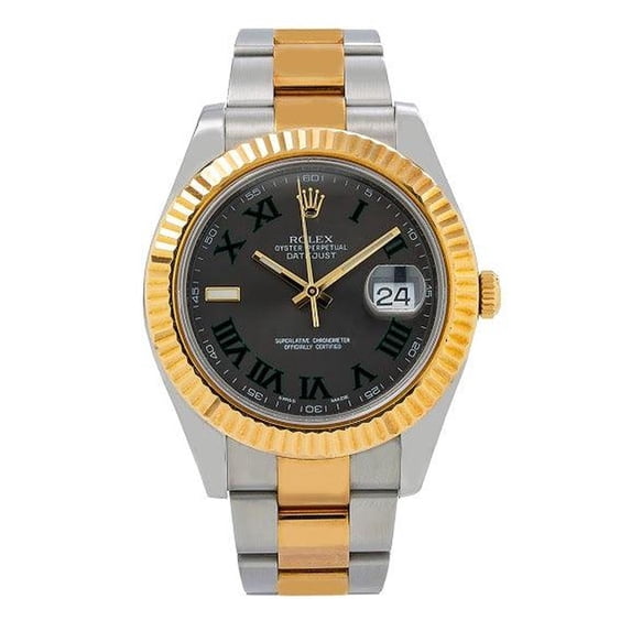 Pre-Owned Rolex Datejust 41MM 116333 Gray Roman Dial Fluted Bezel Two Tone Yellow Gold Oyster Bracelet