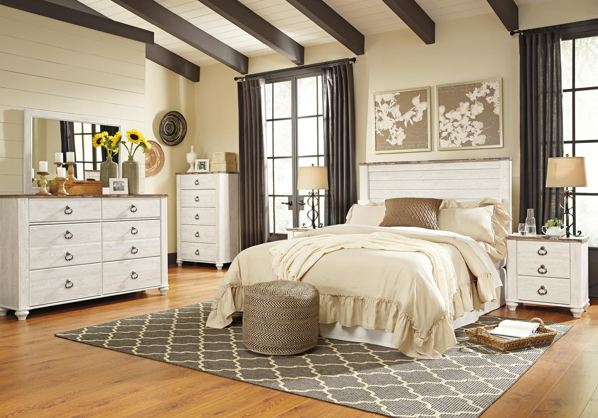 Signature Design by Ashley Willowton Queen Panel Headboard, Whitewash, Coastal Wood-Look Headboard