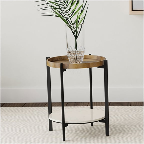 Natural Round End Table with Marble Shelf and Iron Legs, Mango Wood Side Table for Living Room