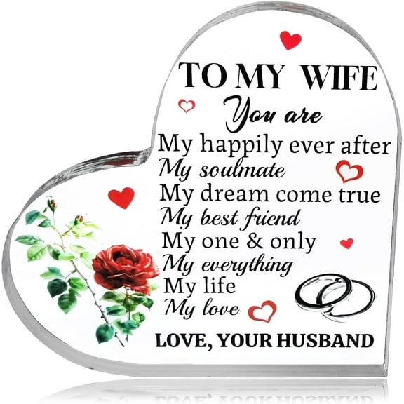 Romantic Gift for Wife from Husband, To My Wife Acrylic Heart Wedding Anniversary keepsake for Birthday Christmas Valentine's Mother's Day Healing Thoughts Present for Her (To My Wife- Red)