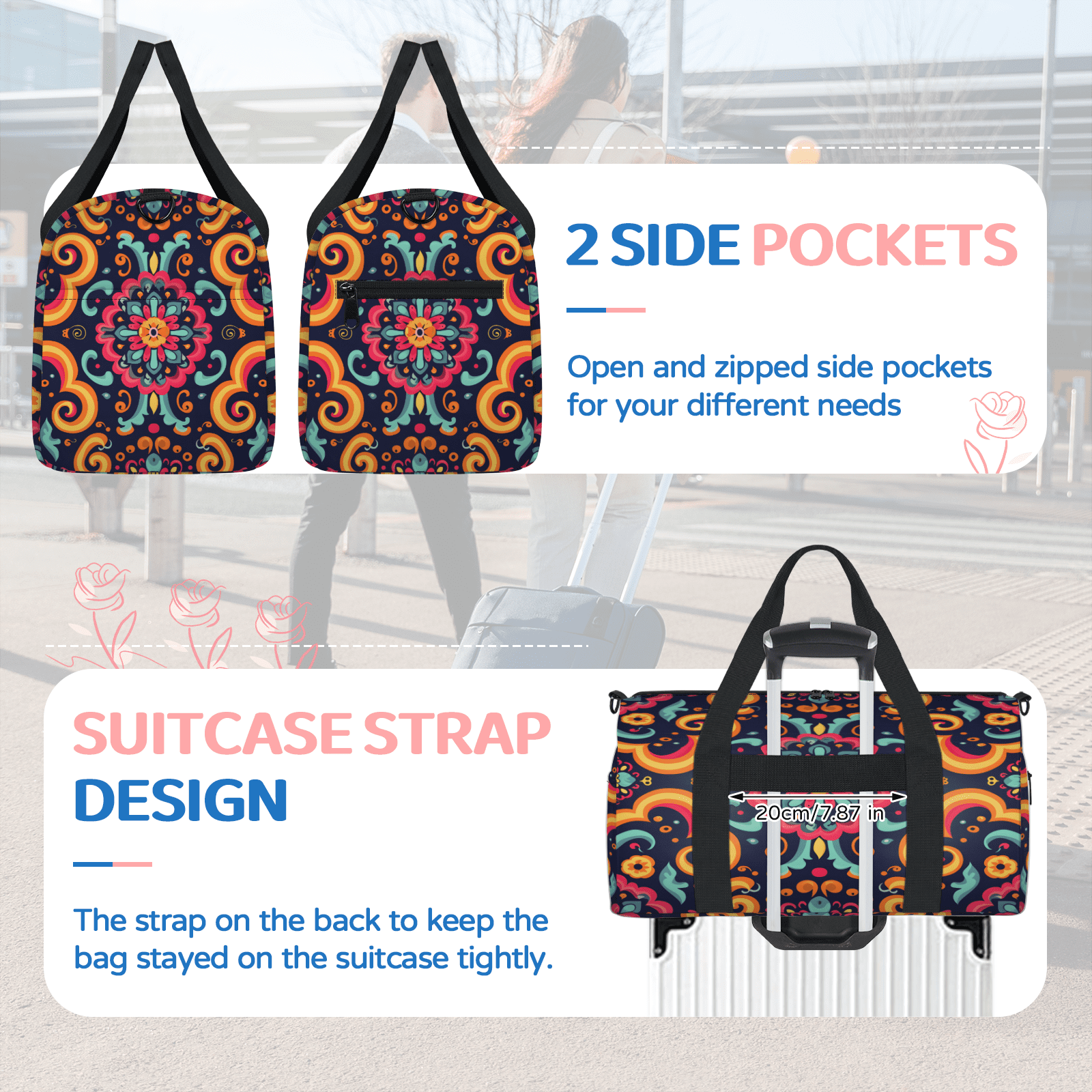 Herdesigns Mexico Floral Gym Bag for Women, Duffle Bag for Travel Sport, Colorful Flower Lightweight Waterproof Carry on Weekender Dance Yoga Workout Bags