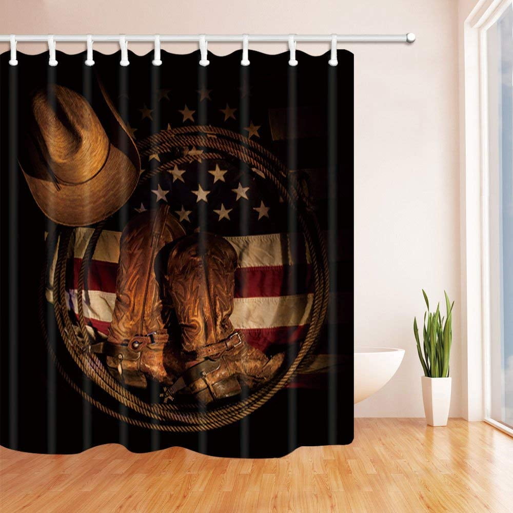 US SHIP Cowboy Hat Boots Guitar Rustic Wood Wall Fabric Shower Curtain Set 72" 