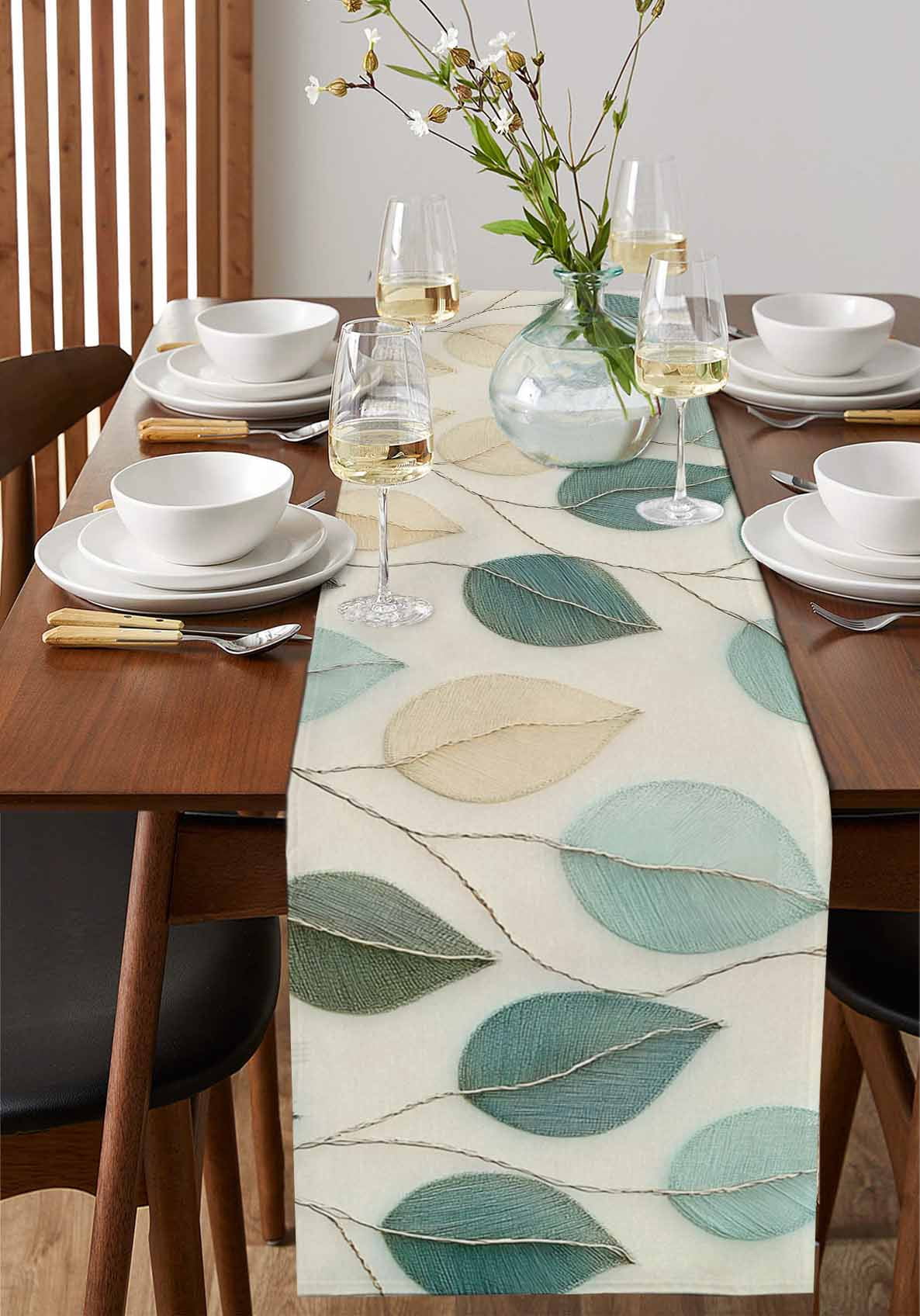 Teal Green Leaf Table Runner 72 Inches, Farmhouse Vintage Middle Century Textured Bed Runner Dresser Scarves Tabletop for Indoor Outdoor Parties/Ceremony/Banquet, 18" x 72"
