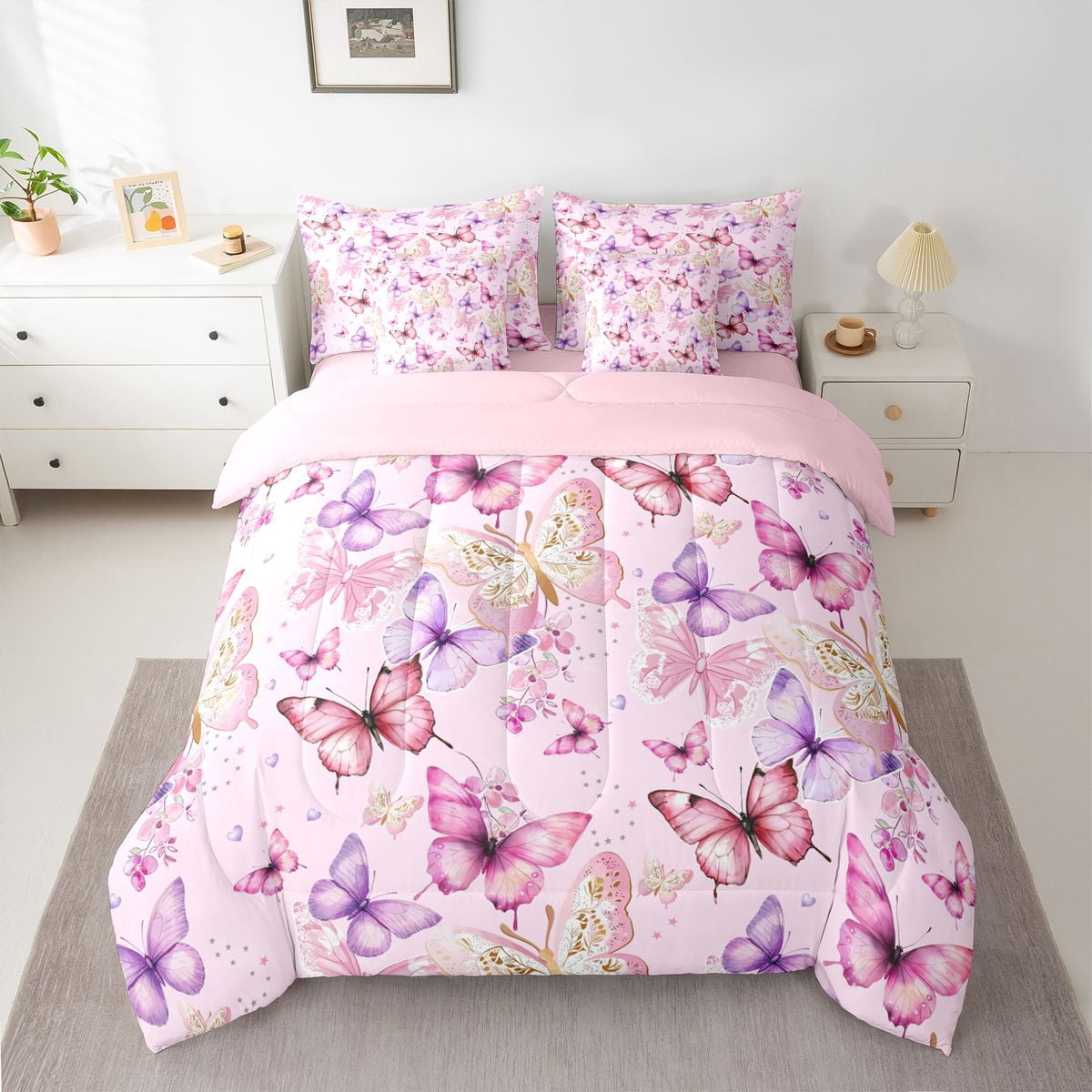 Homewish Colorful Butterflies 7-Piece Bedding Comforter Set For Children Kids Teens,Dreamy Princess King Bedding Sets,Pink Purple Ultra Soft Bed Sheets,Luxury Bedroom Decor,Reversible