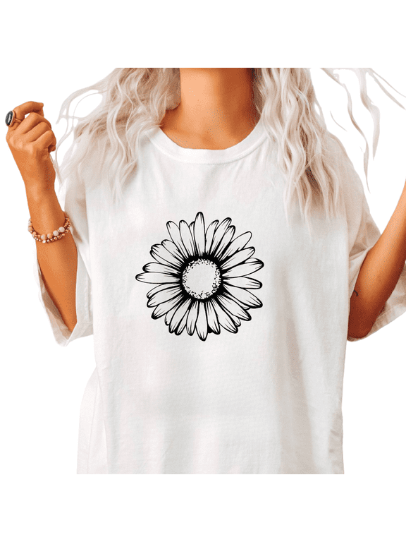 Organic Cotton Bookstore Run Boxy Fit Clean Daisy Line Art White S-5XL Graphic Tees Everyday Tops