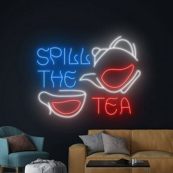 Handmadetneonsign Spill The Tea Neon Sign, Tea Cup Wall Art Decor, Coffee Neon Led Wall Décor