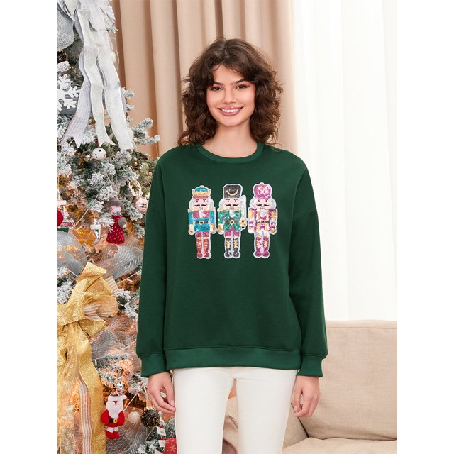 Sudadera elegante de Navidad para mujer, divertida sudadera de Cascanueces con lentejuelas, bonito jersey Retro Vintage Y2k con cuello redondo, ropa de invierno