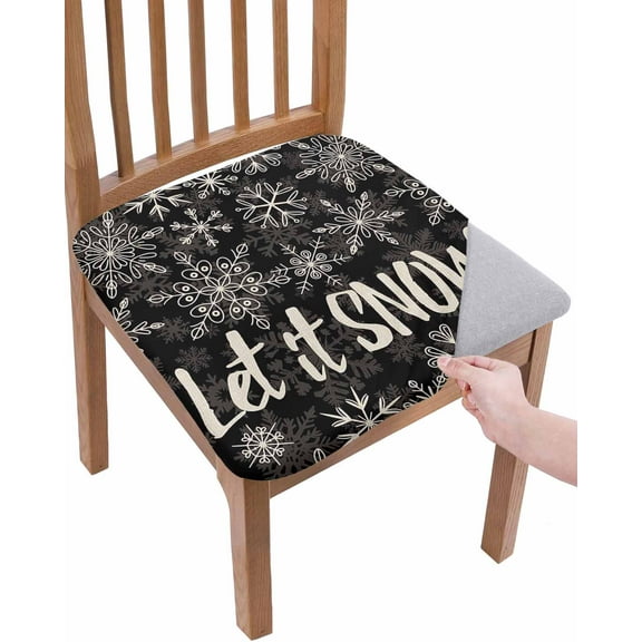 Christmas Snowflakes Chair Seat Covers for Dining Room Stretch Chair Seat Covers Set of 4, Winter Xmas Flower Textured Black Chair Seat Protector Cushion Slipcovers for Kitchen Restaurant Office