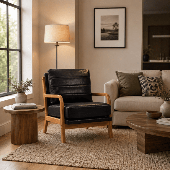 Homy Casa Mid-Century Accent Chair, Upholstered Lounge Reading Chair with Wood Frame, Black