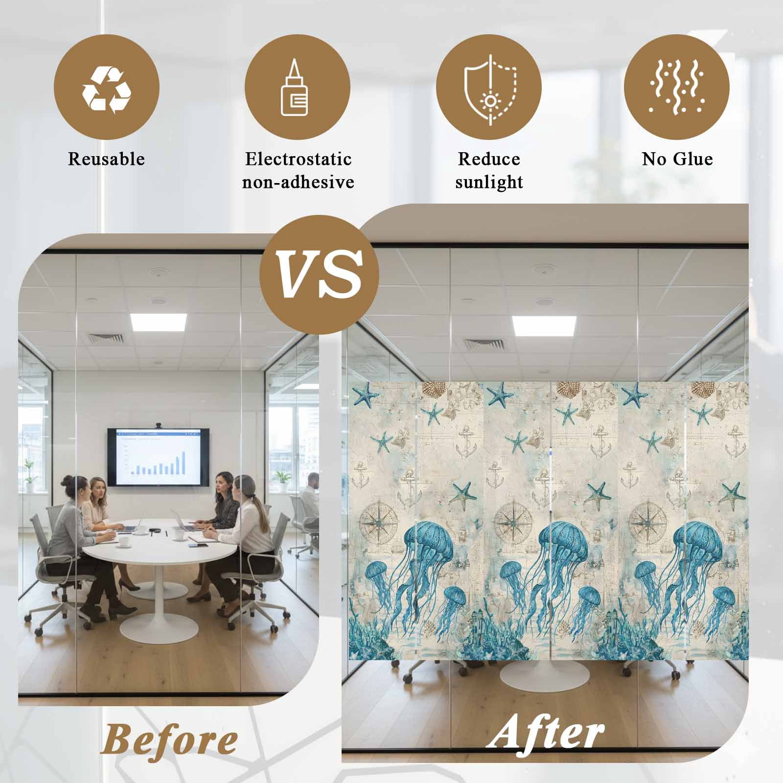 Nautical Teal Jellyfish Window Privacy Film, Ocean Corals Compass Vintage Brown Map Frosted Glass Window Clings Static Cling UV Heat Blocking Reusable Door Sticker for Bathroom 23.6 x 59 Inch